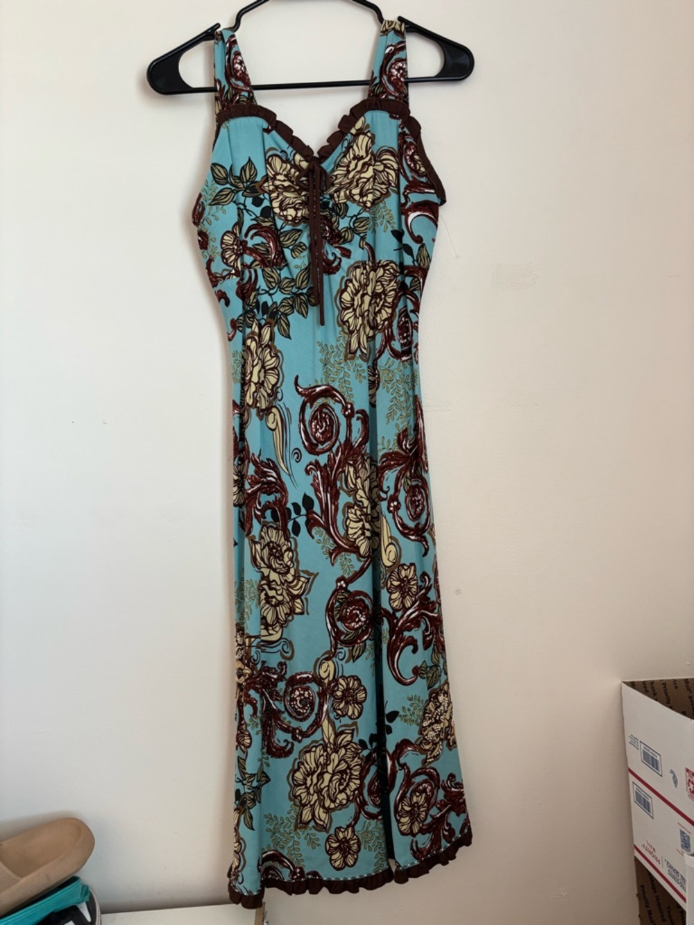 Vintage Ku de tá Turquoise Floral Maxi Dress with Brown Trim